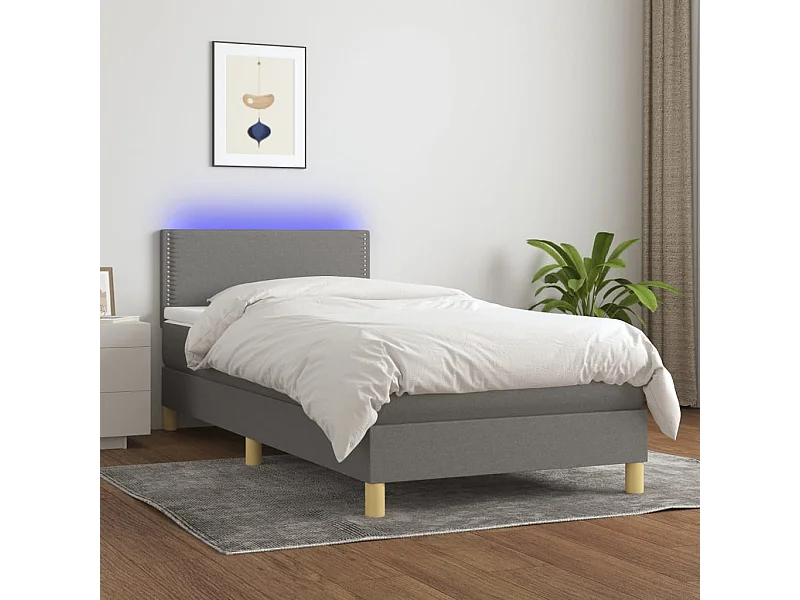 Cama box spring con colchón y LED tela gris oscuro 100x200 cm
