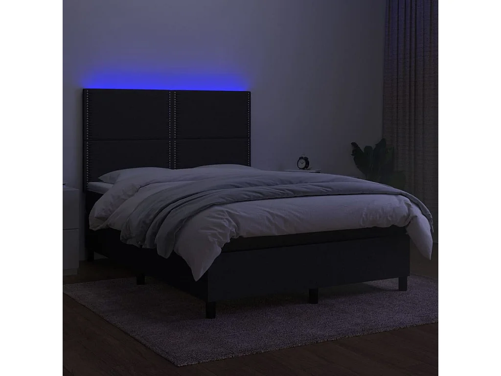 Cama box spring c/ colchão e LED 140x190 cm tecido preto