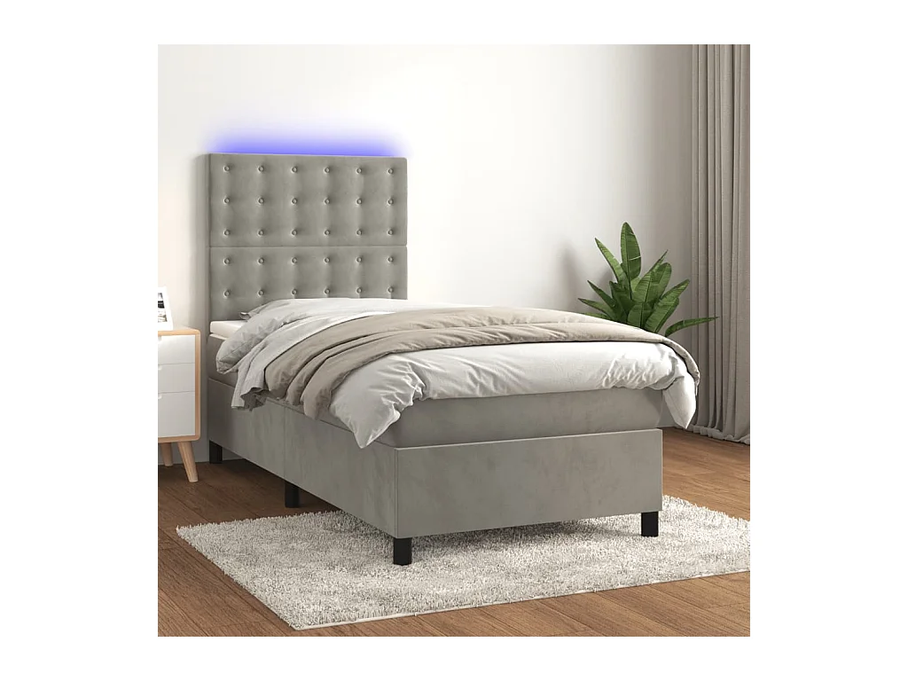 Sommier tapissier matelas et LED Gris clair 100x200 cm Velours