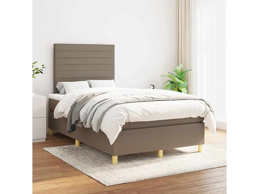 Cama box spring con colchón tela gris taupe 120x190 cm