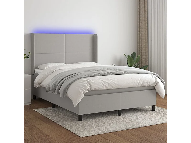 Cama box spring colchón y luces LED tela gris claro 140x190 cm