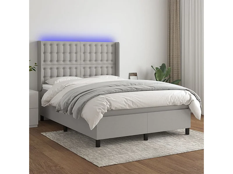 Cama box spring colchón y luces LED tela gris claro 140x190 cm