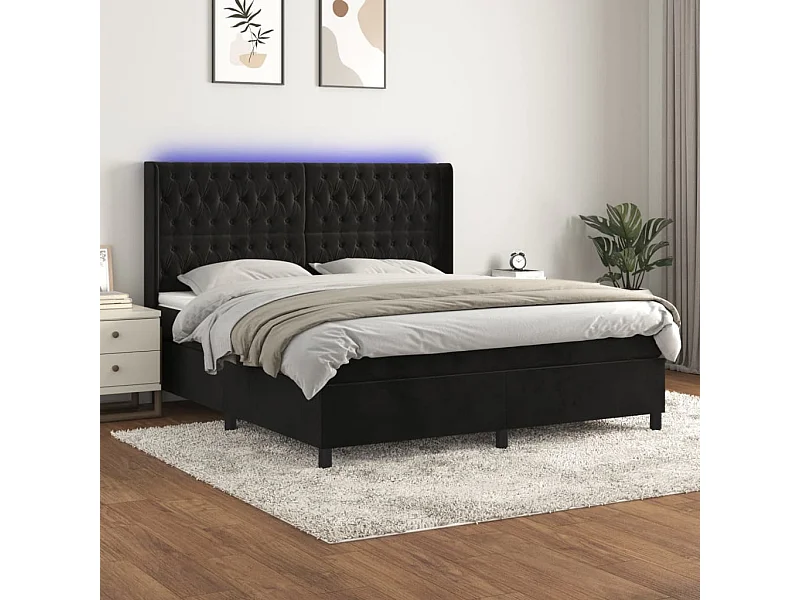Cama box spring colchón y LED terciopelo negro 180x200 cm