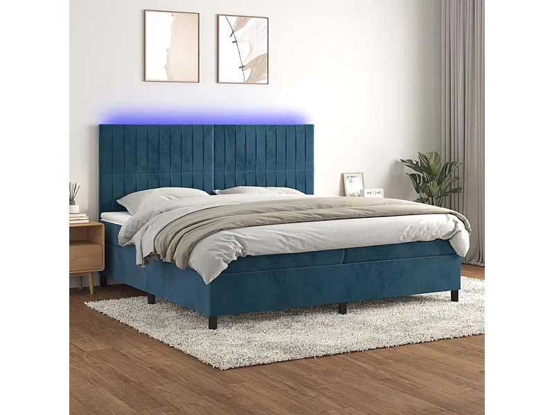 Cama box spring c/ colchão/LED 200x200 cm veludo azul-escuro
