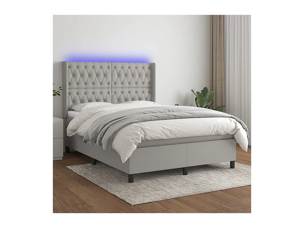 Cama box spring c/ colchão e LED 140x200 cm tecido cinza-claro