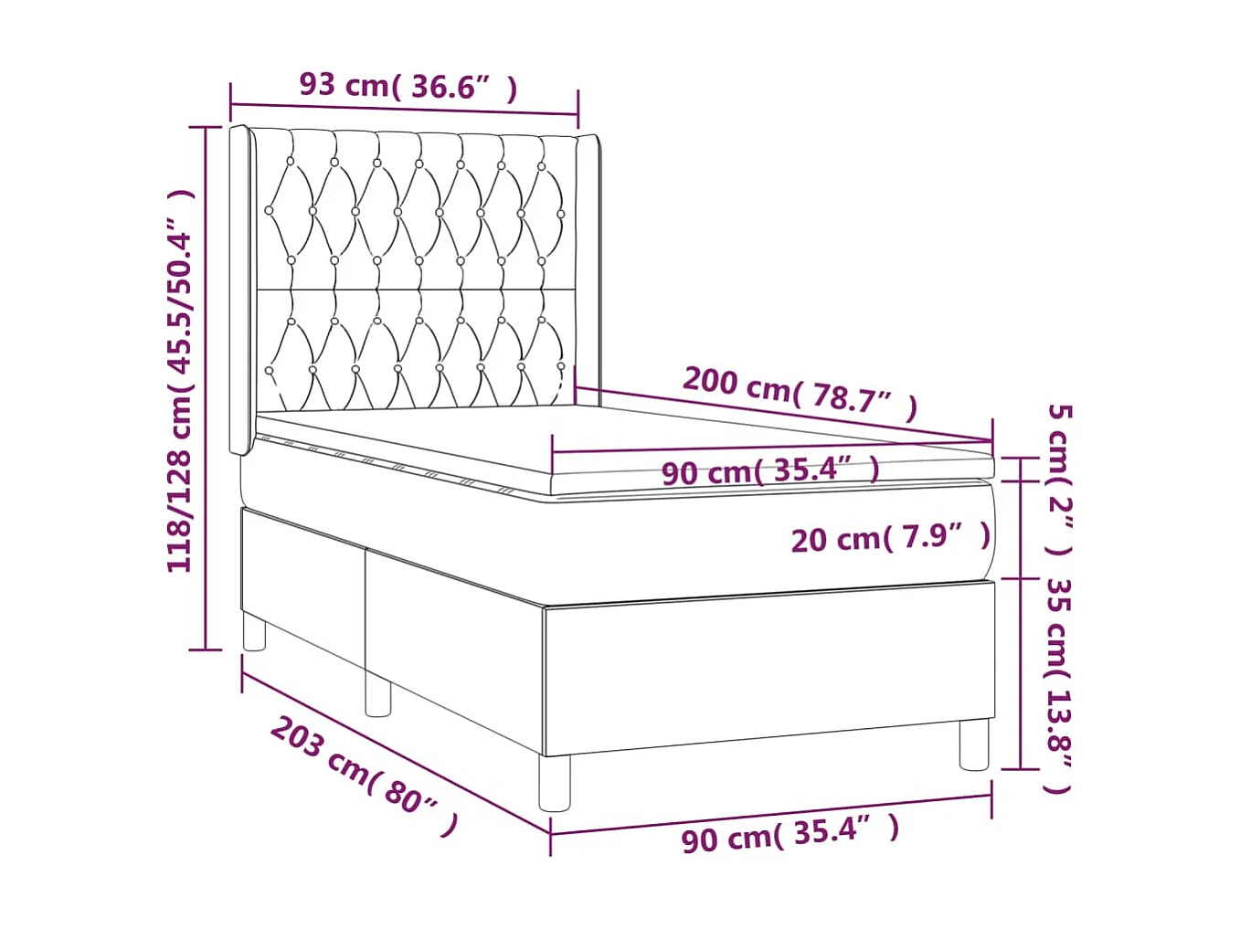 Sommier tapissier avec matelas et LED Gris clair 90x200cm Tissu