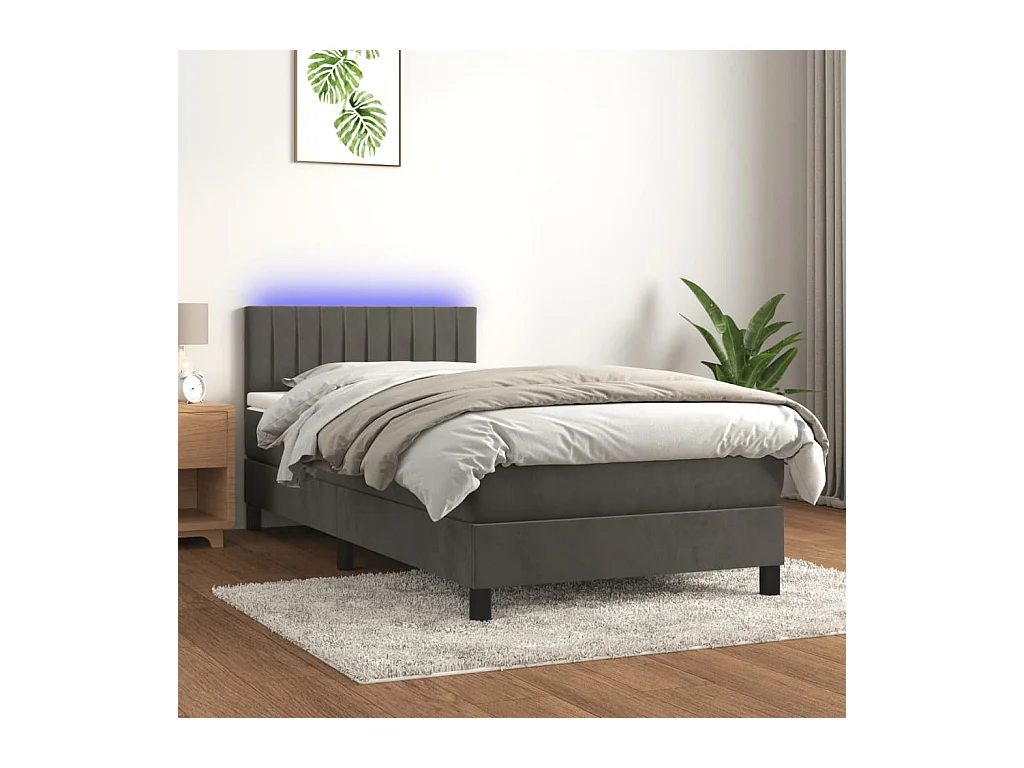 Cama box spring c/ colchão/LED 100x200cm veludo cinzento-escuro