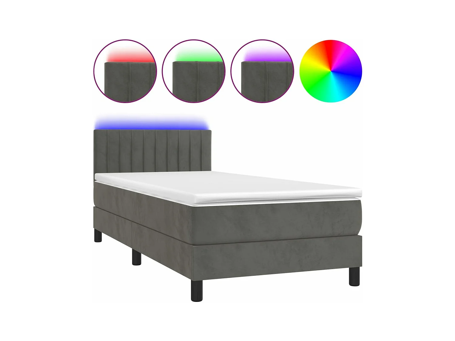 Cama box spring c/ colchão/LED 100x200cm veludo cinzento-escuro