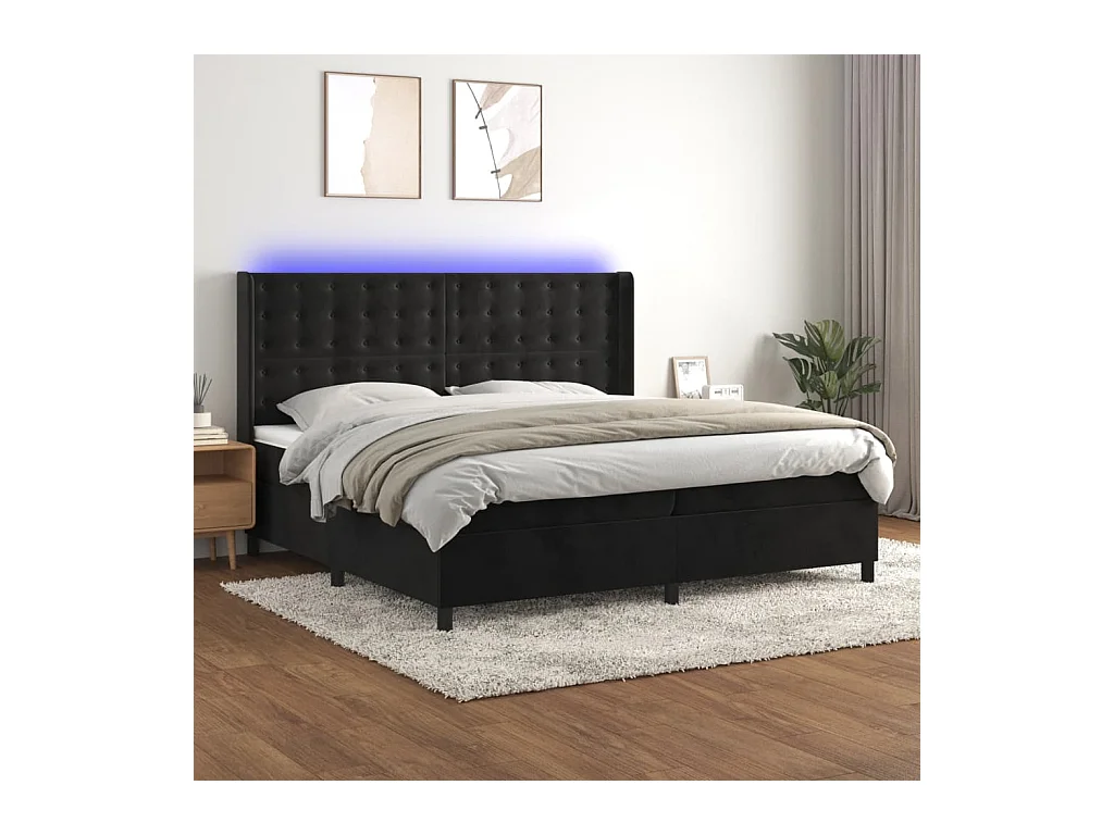 Cama box spring colchón y LED terciopelo negro 200x200 cm