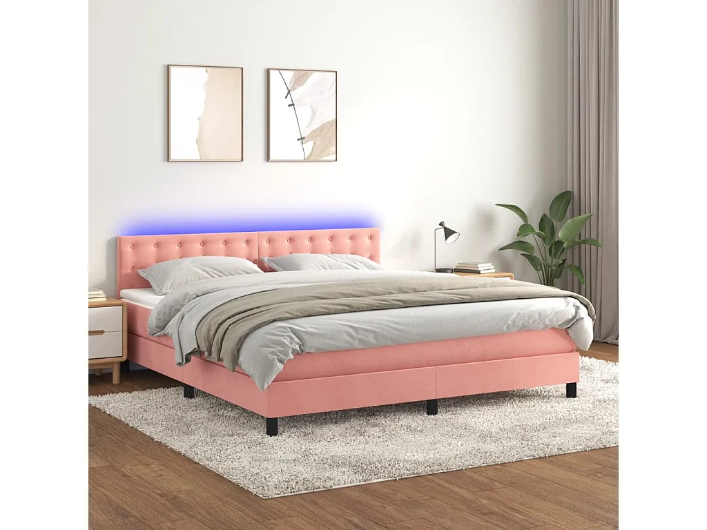 Cama box spring c/ colchão/LED 160x200 cm veludo rosa