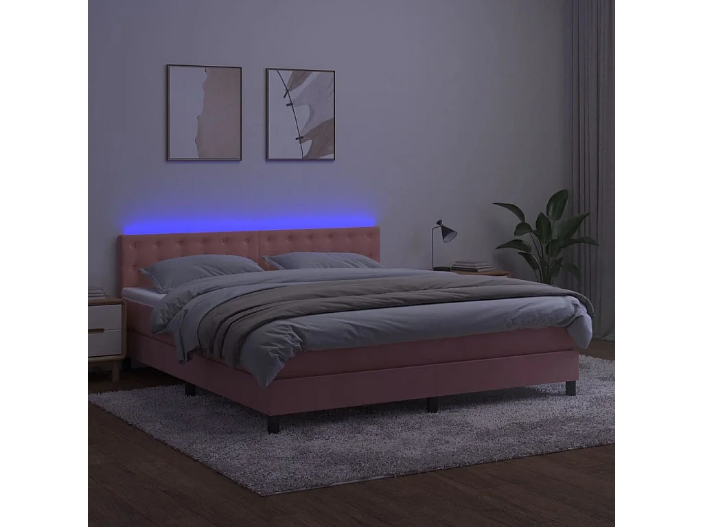 Cama box spring c/ colchão/LED 160x200 cm veludo rosa