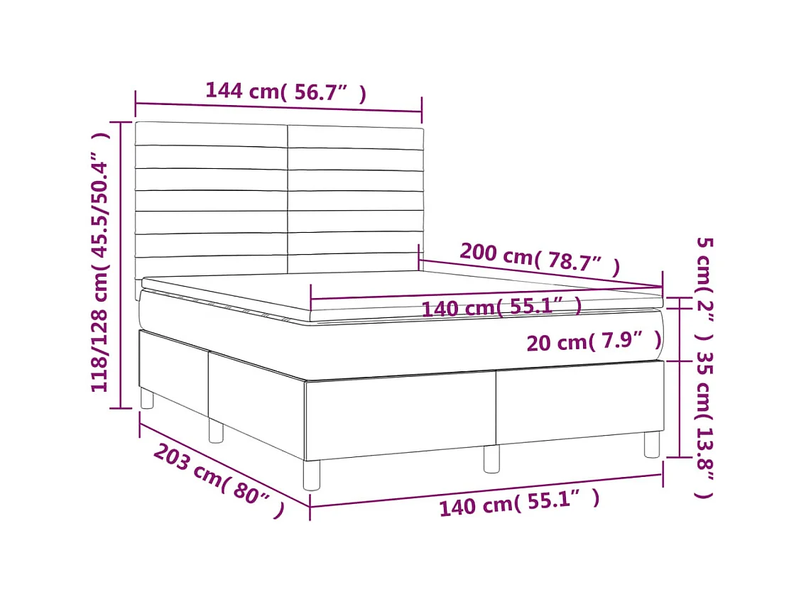 Cama box spring c/ colchão e LED 140x200 cm tecido azul