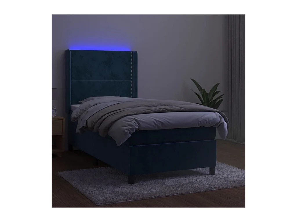 Cama box spring c/ colchão/LED 100x200 cm veludo azul-escuro