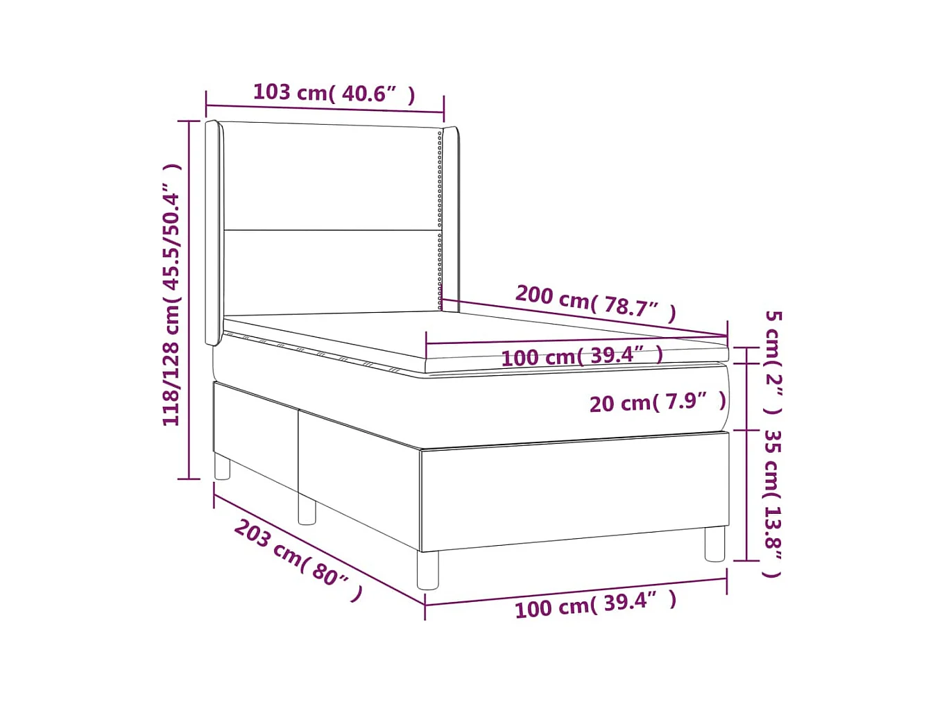 Cama box spring c/ colchão/LED 100x200 cm veludo azul-escuro