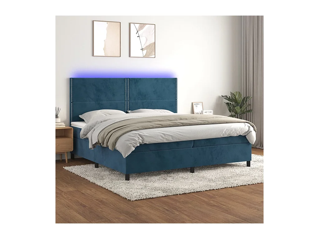 Cama box spring c/ colchão/LED 200x200 cm veludo azul-escuro