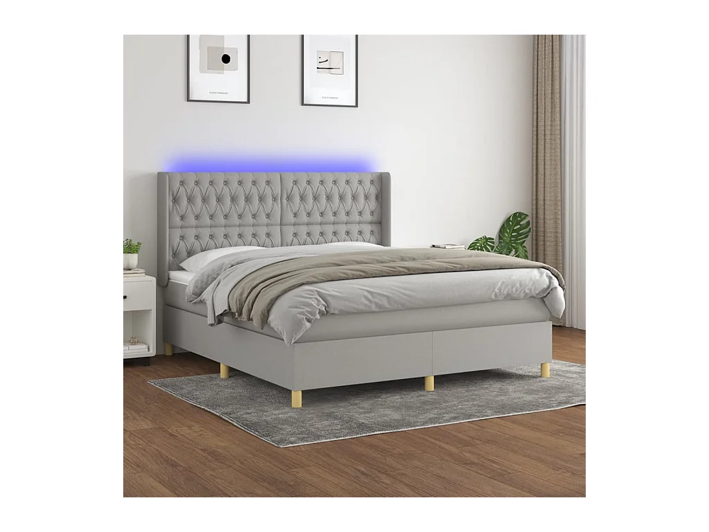 Sommier tapissier matelas et LED Gris clair 160x200 cm Tissu