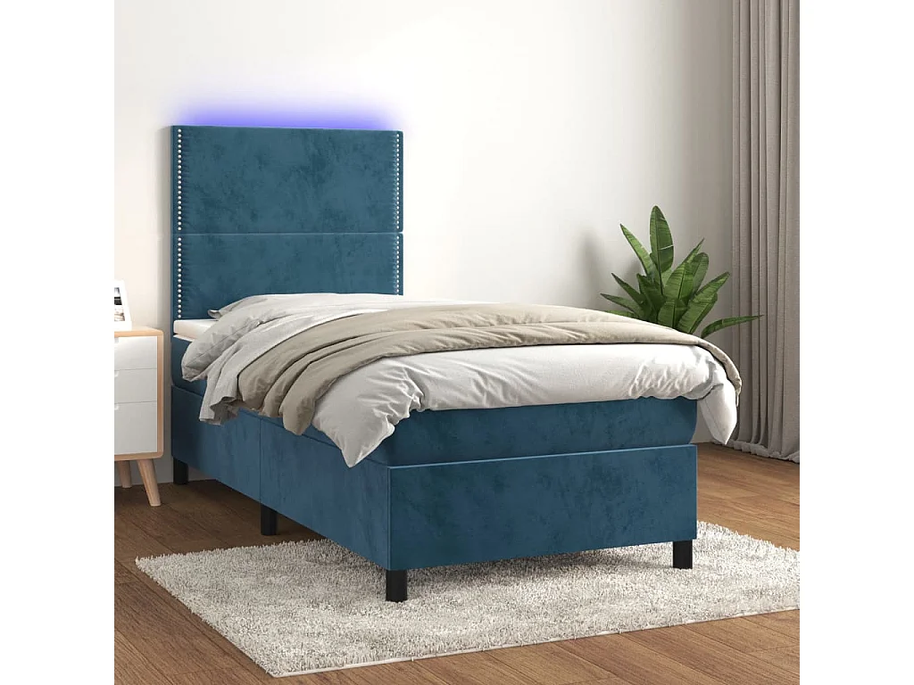Cama box spring c/ colchão/LED 80x200 cm veludo azul-escuro