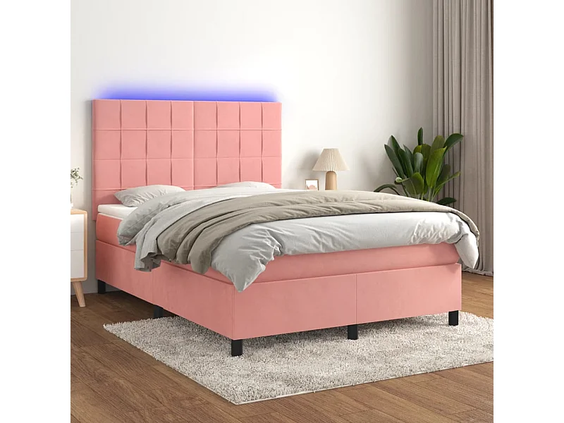 Cama box spring colchón y LED terciopelo rosa 140x200 cm