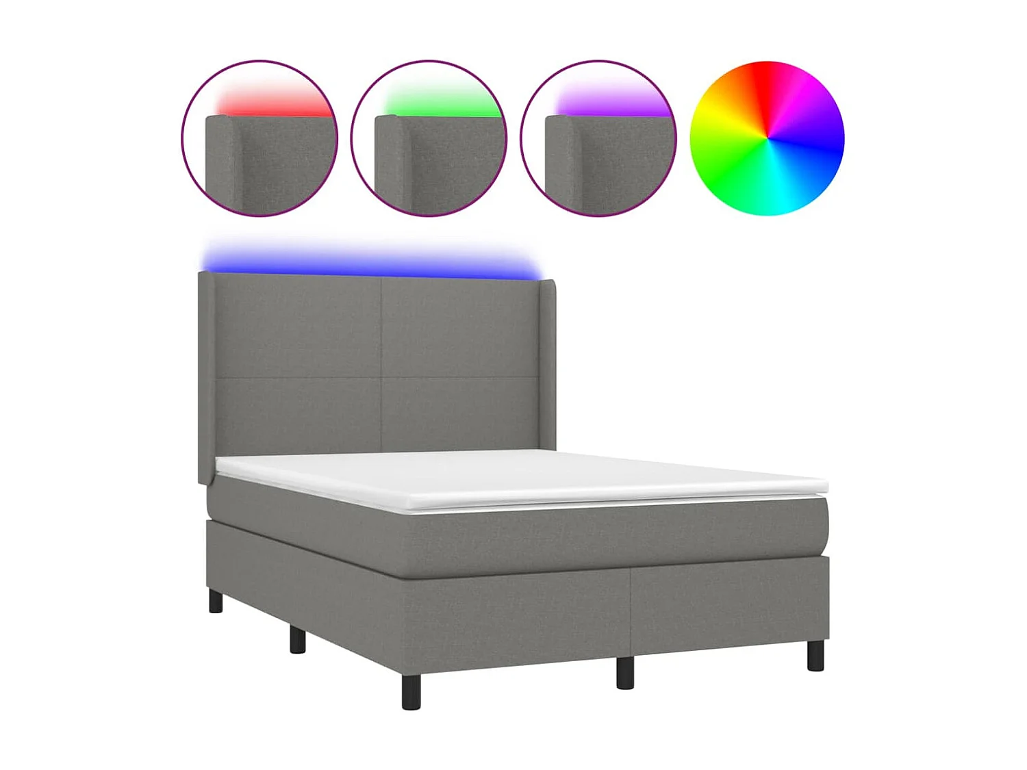 Cama box spring colchón y luces LED tela gris oscuro 140x190 cm