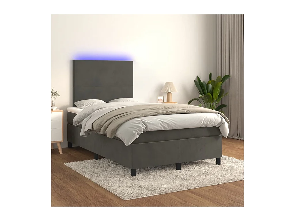 Sommier tapissier matelas et LED Gris foncé 120x200 cm Velours