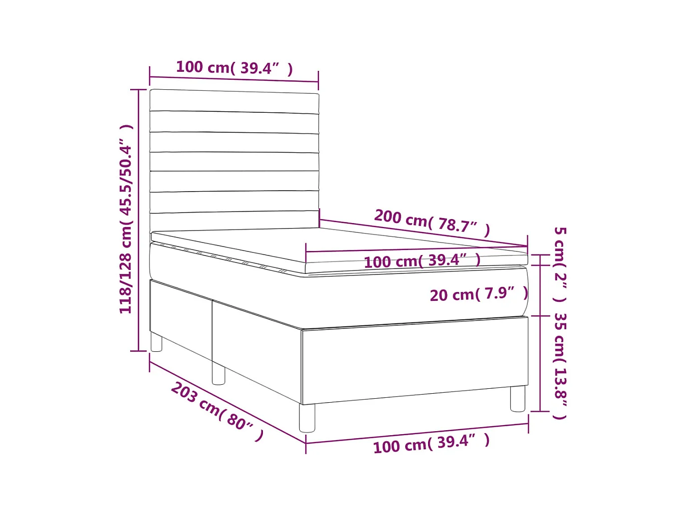 Cama box spring c/ colchão/LED 100x200 cm veludo preto