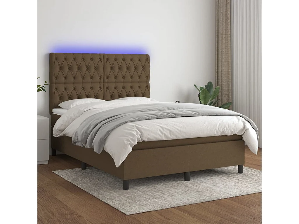 Cama box spring c/ colchão/LED 140x200cm tecido castanho-escuro