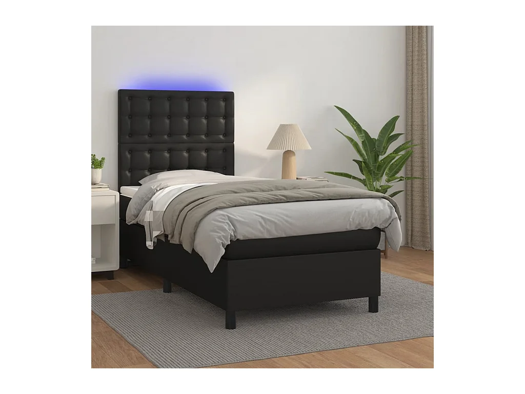 Cama box spring y colchón LED cuero sintético negro 90x190 cm