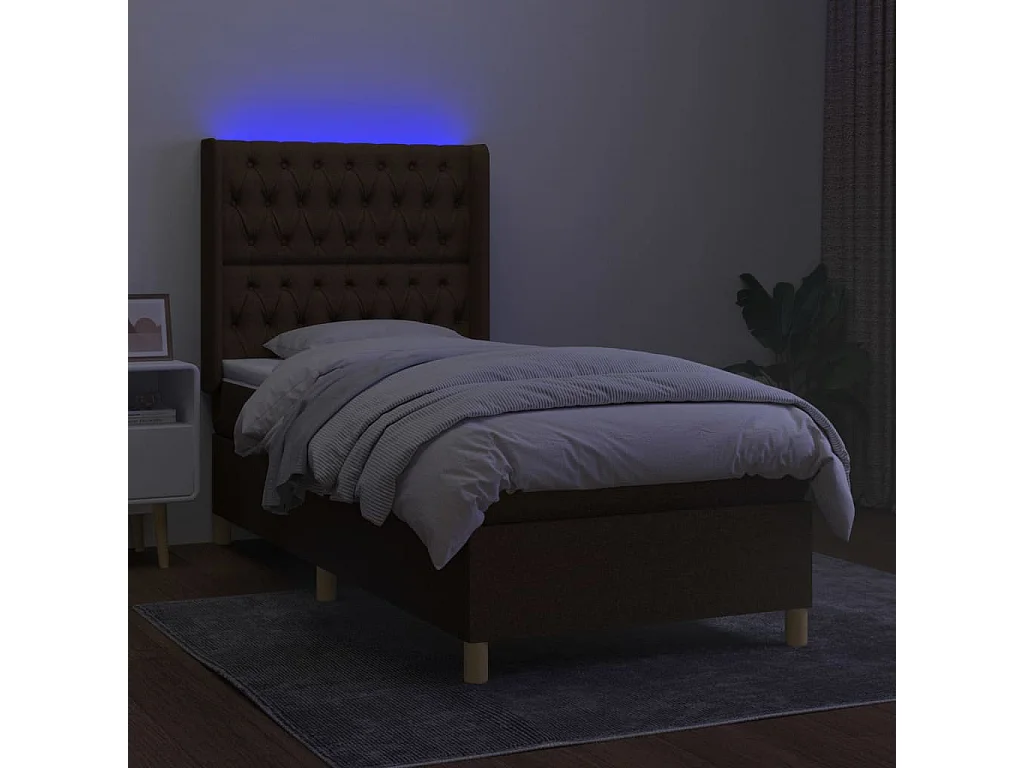 Cama box spring colchón y luces LED tela marrón oscuro 90x190cm