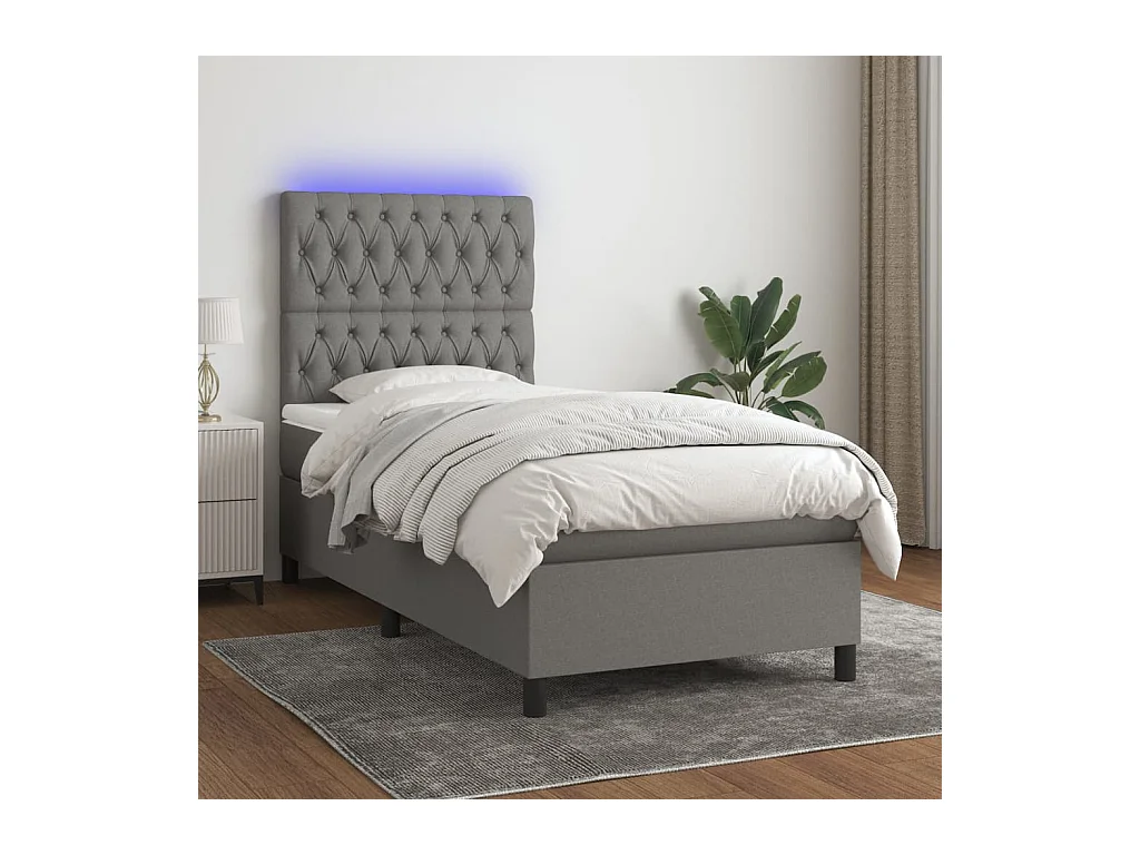 Cama box spring c/ colchão e LED 90x200 cm tecido cinza-escuro
