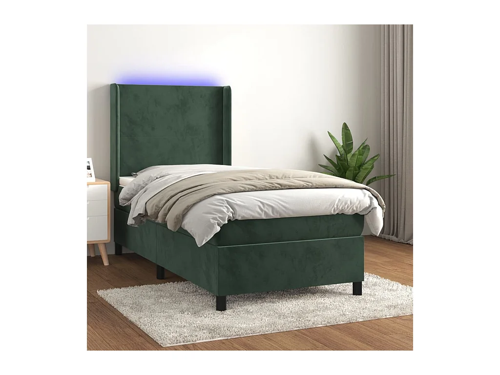 Cama box spring c/ colchão/LED 100x200 cm veludo verde-escuro