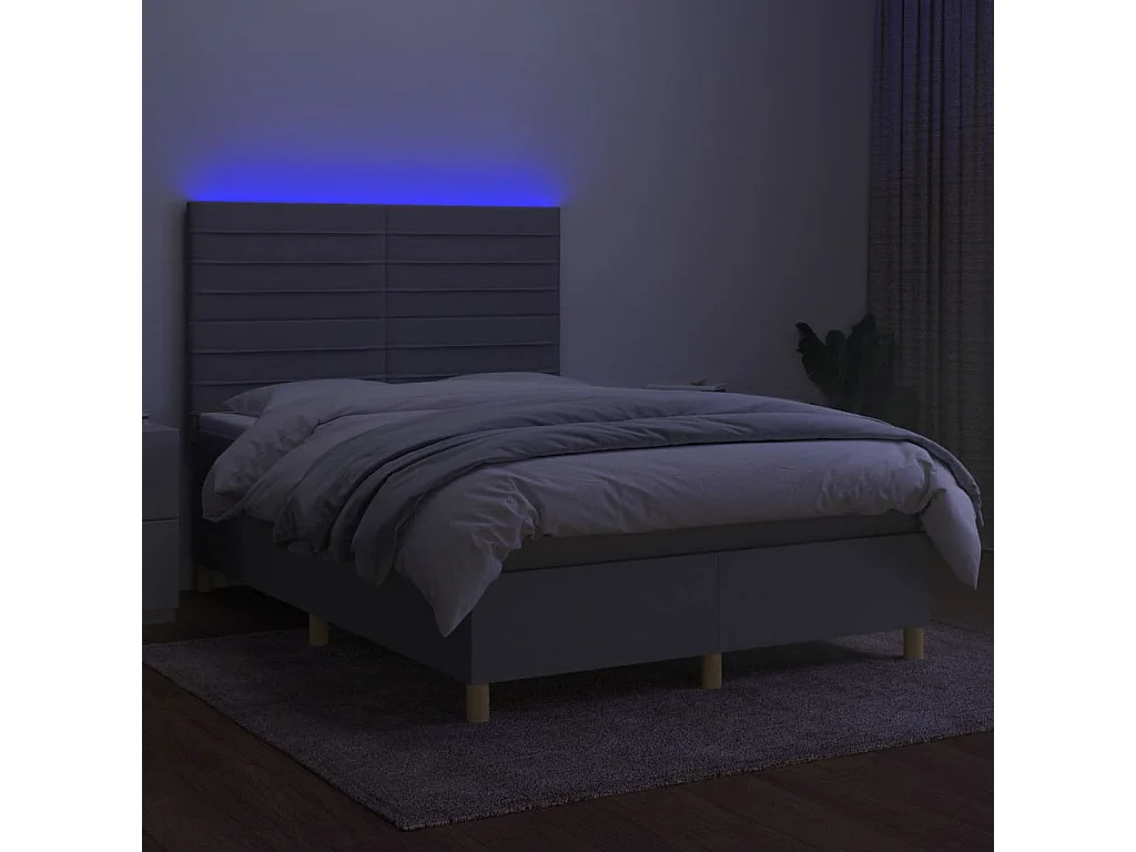 Cama box spring c/ colchão e LED 140x190 cm tecido cinza-claro