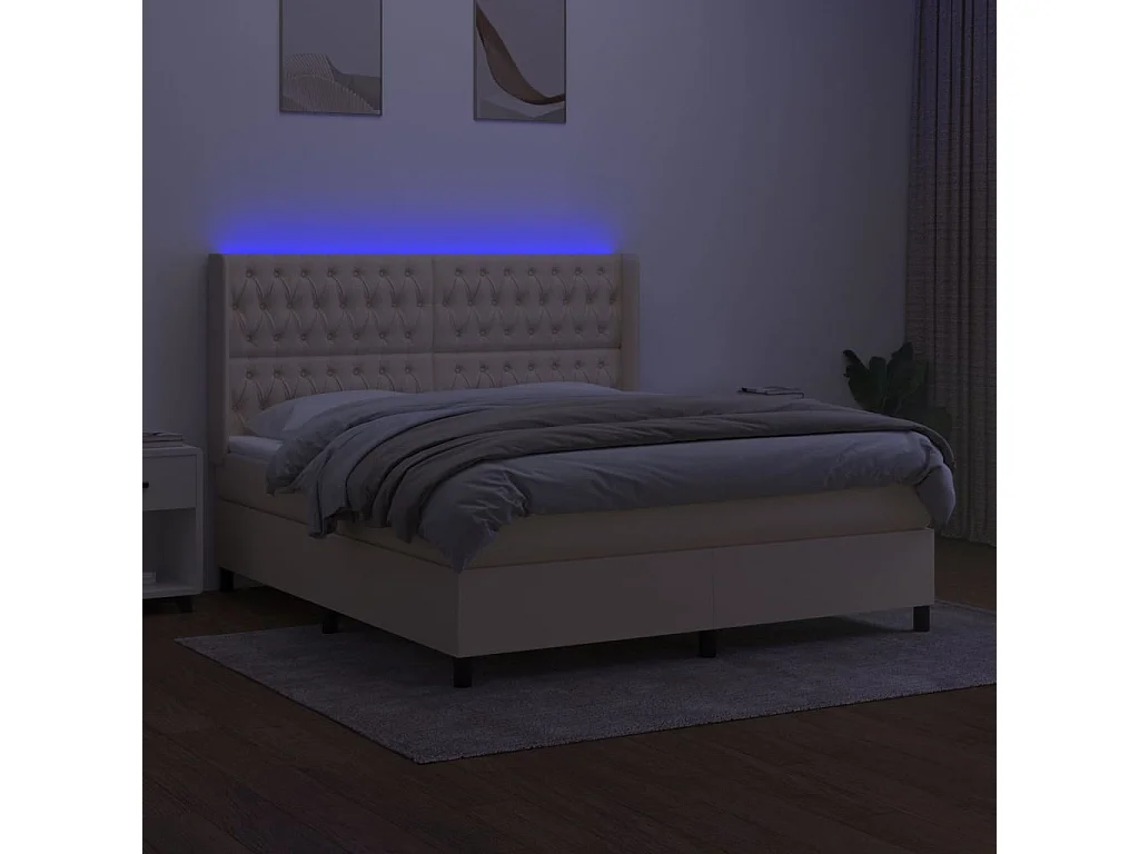 Cama box spring colchón y luces LED tela crema 160x200 cm
