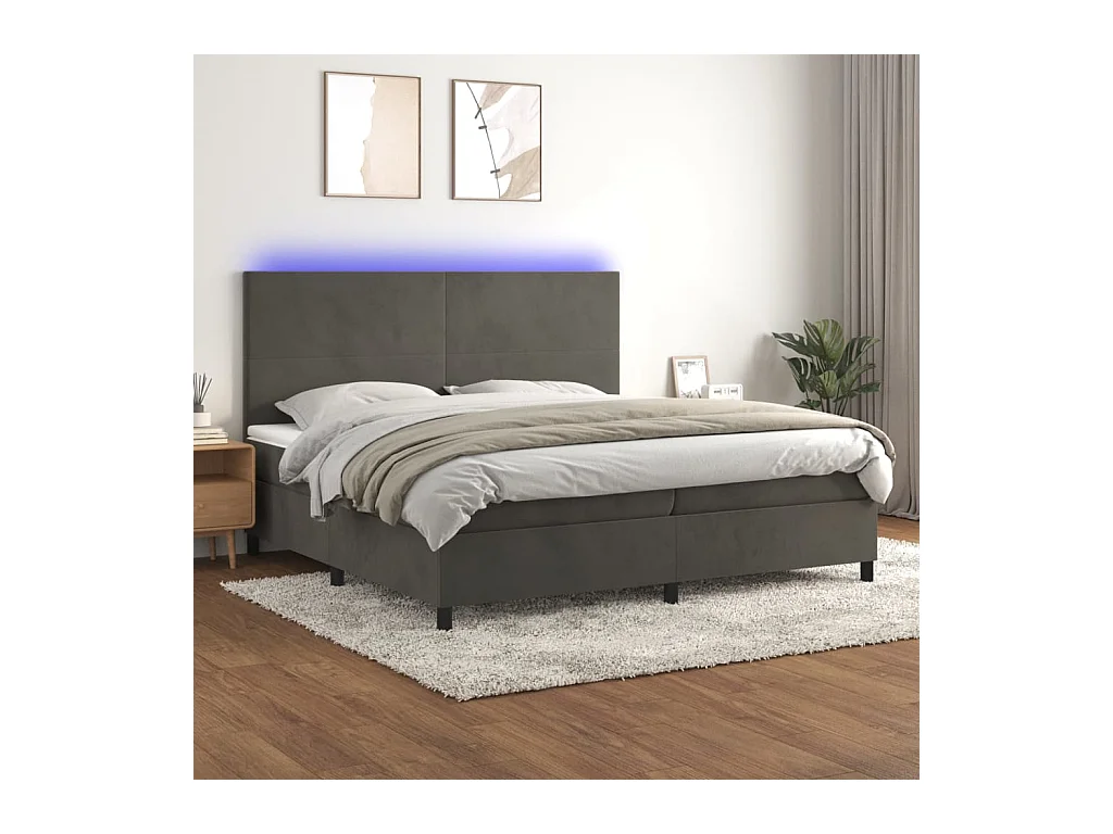 Sommier tapissier matelas et LED Gris foncé 200x200 cm Velours