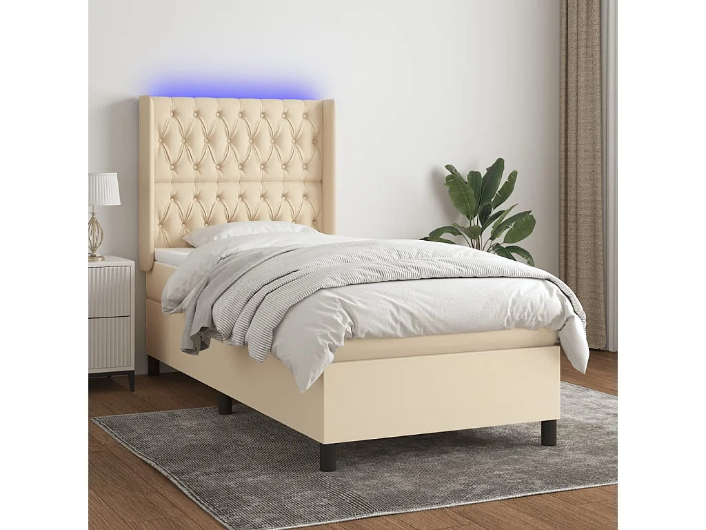 Sommier tapissier avec matelas et LED Crème 90x190 cm Tissu