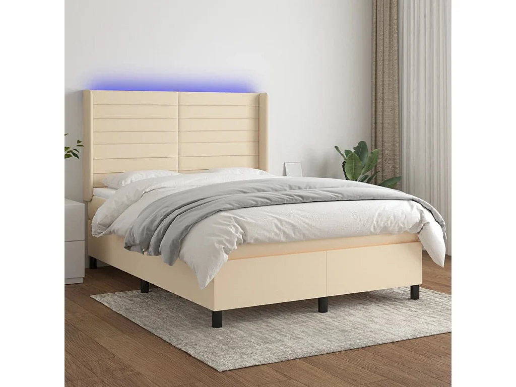 Cama box spring c/ colchão e LED 140x190 cm tecido cor creme