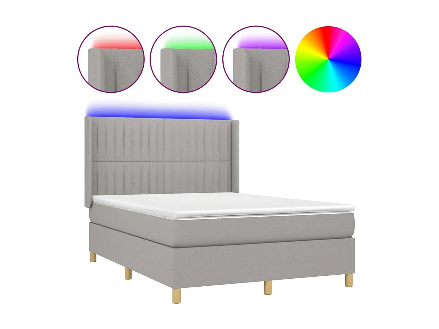 Cama box spring c/ colchão e LED 140x190 cm tecido cinza-claro