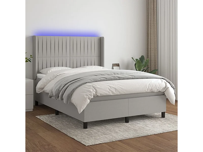 Cama box spring colchón y luces LED tela gris claro 140x190 cm