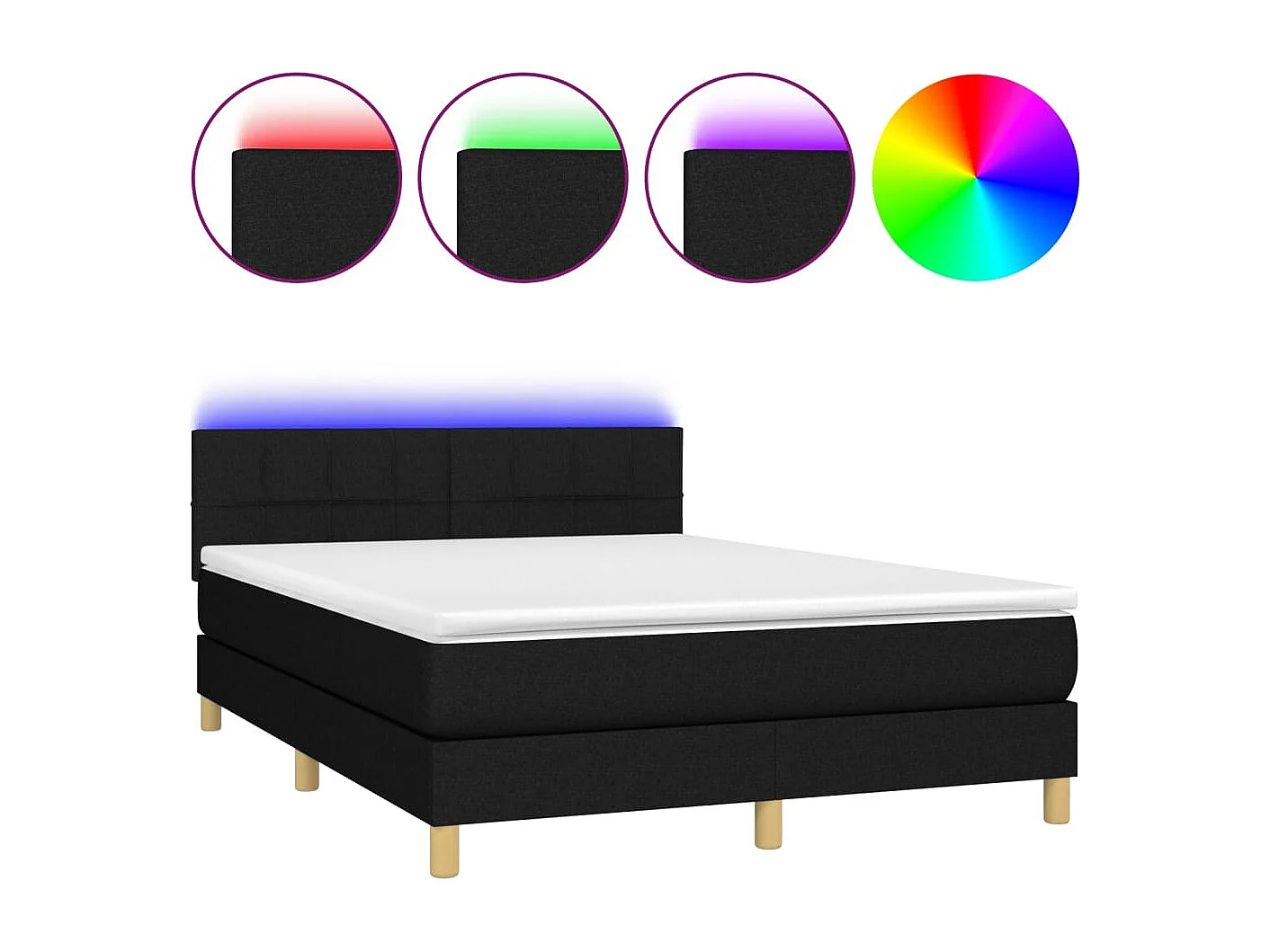 Cama box spring c/ colchão e LED 140x190 cm tecido preto