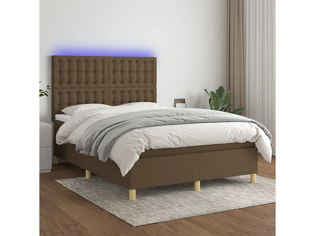 Sommier tapissier matelas et LED Marron foncé 140x200 cm Tissu