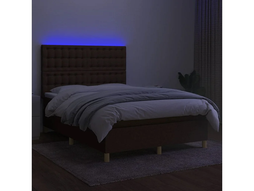 Sommier tapissier matelas et LED Marron foncé 140x200 cm Tissu