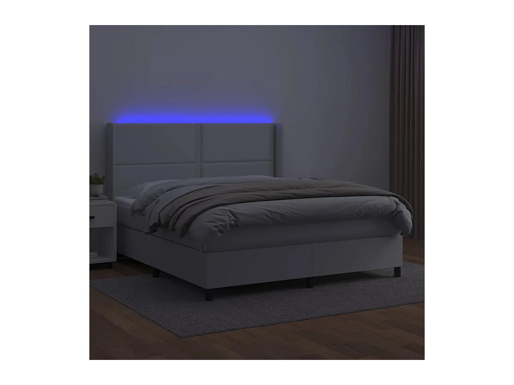 Cama box spring colchón y LED cuero sintético blanco 160x200 cm