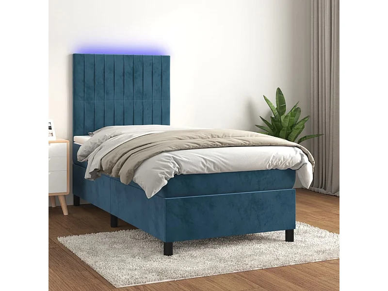 Cama box spring c/ colchão/LED 90x200 cm veludo azul-escuro