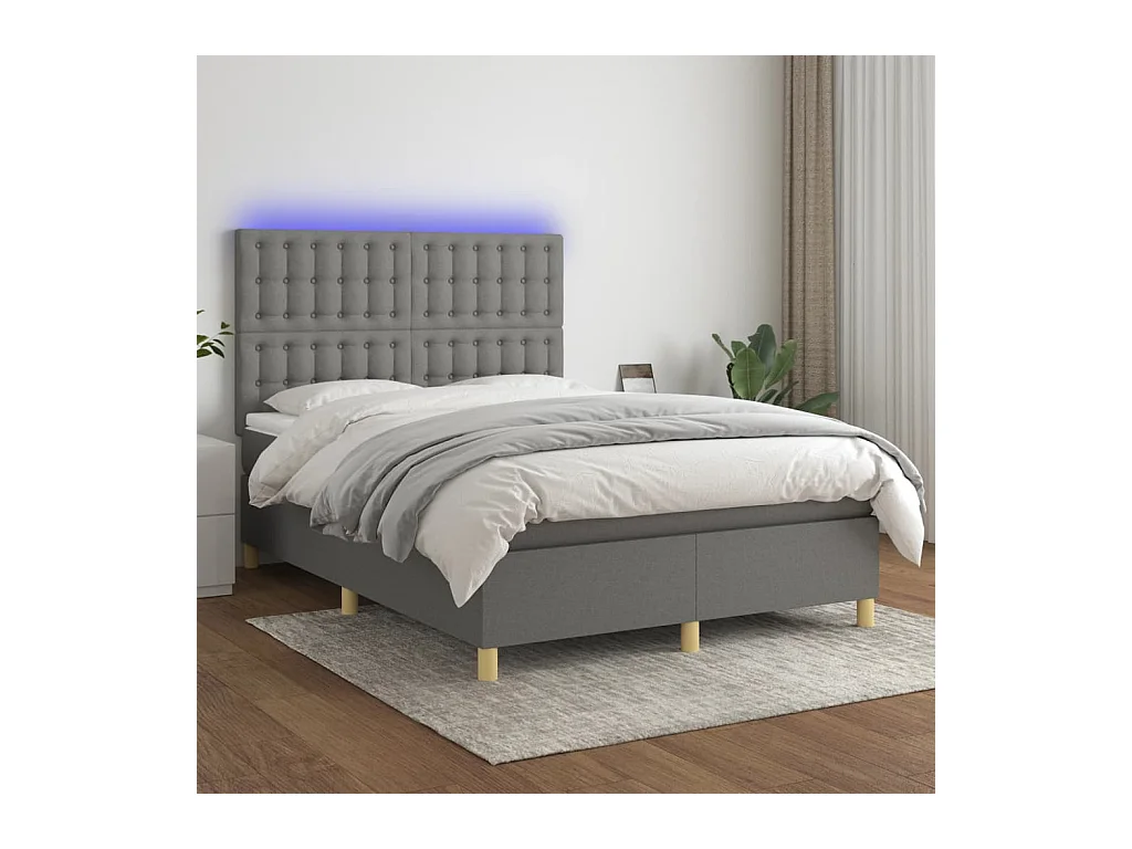Sommier tapissier et matelas et LED Gris foncé 140x190 cm Tissu
