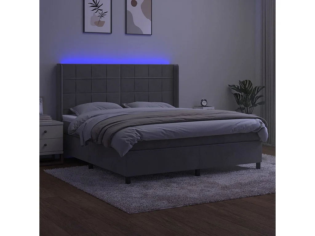 Cama box spring colchón y LED terciopelo gris claro 160x200 cm