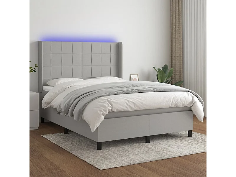 Cama box spring colchón y luces LED tela gris claro 140x190 cm