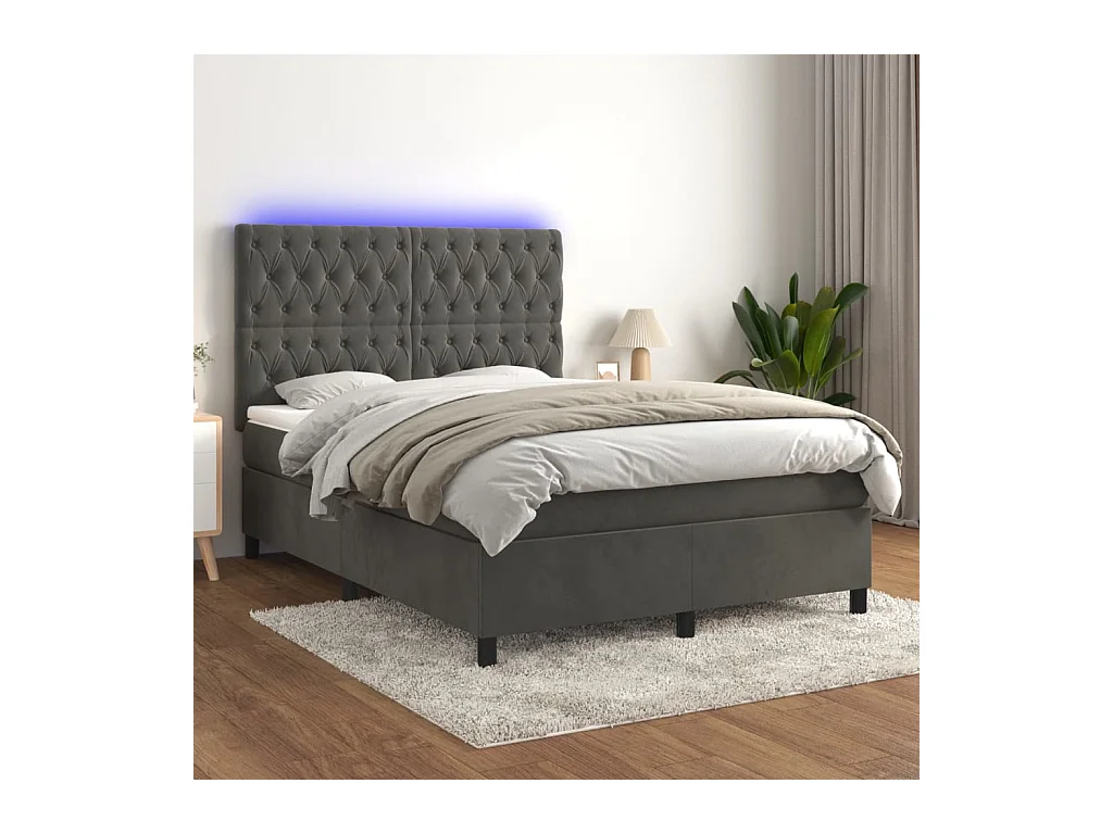 Sommier tapissier matelas et LED Gris foncé 140x190 cm Velours