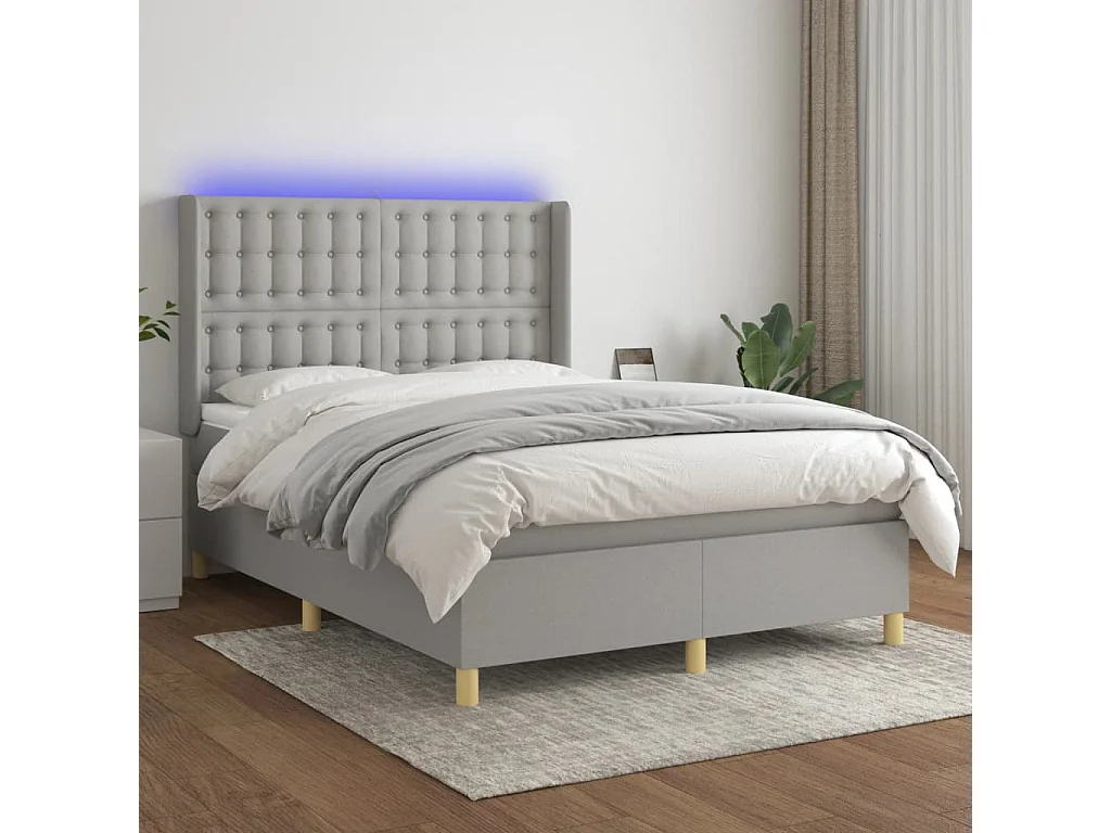 Cama box spring colchón y luces LED tela gris claro 140x190 cm