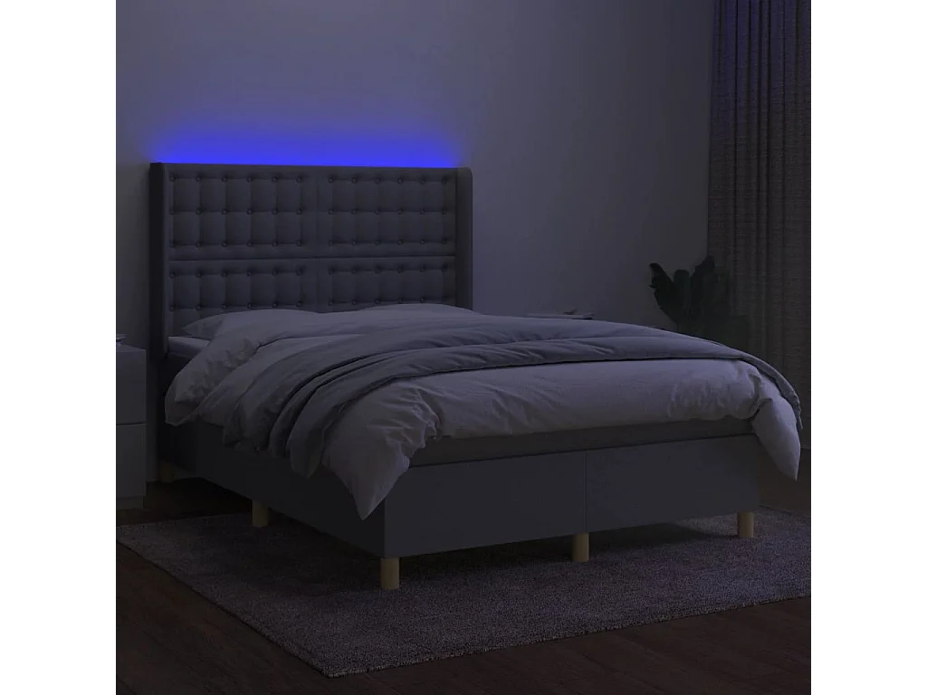 Cama box spring colchón y luces LED tela gris claro 140x190 cm
