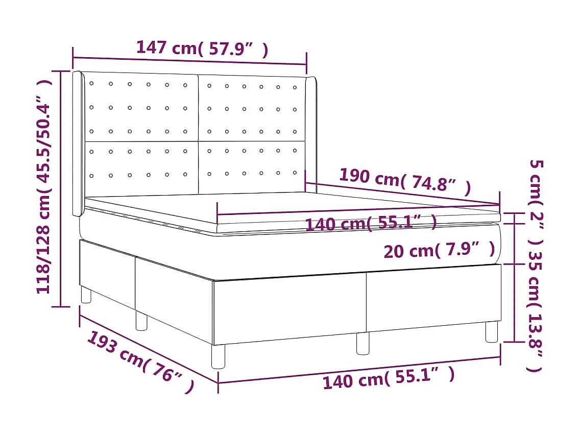 Sommier tapissier et matelas et LED Gris clair 140x190 cm Tissu