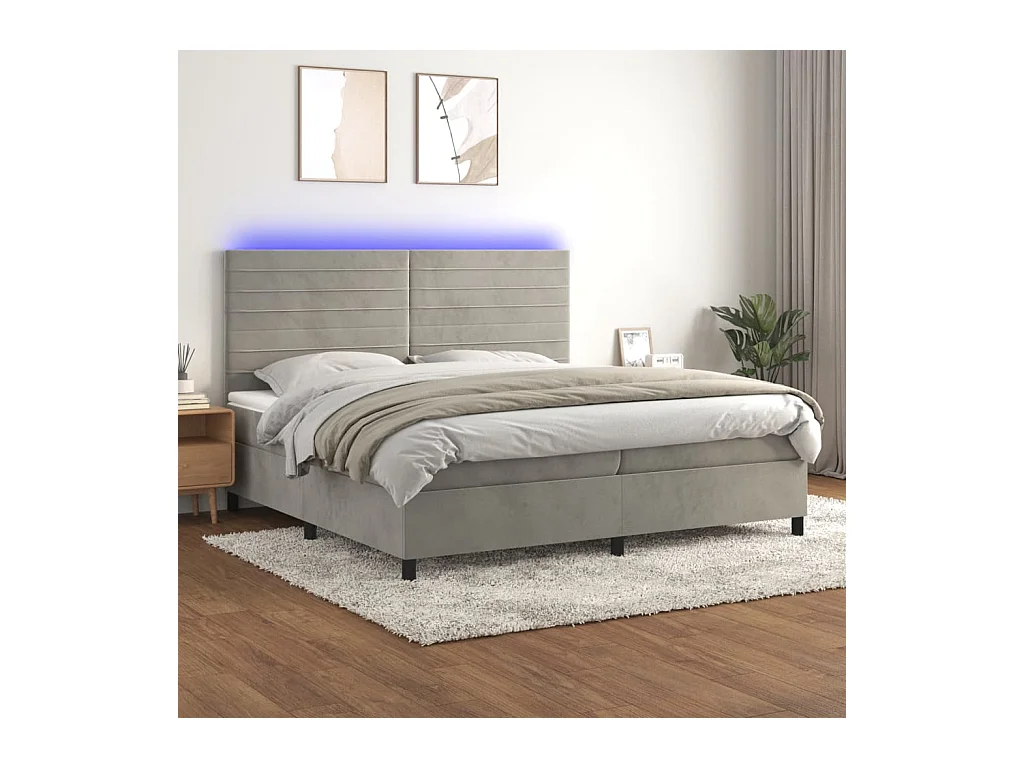 Sommier tapissier matelas et LED Gris clair 200x200 cm Velours